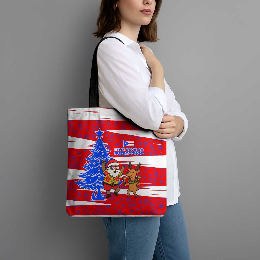 Puerto Rico Christmas Tote Bag with Dancing Santa Reindeer Blue Tree and Festive Flag Design - Wonder Print Shop