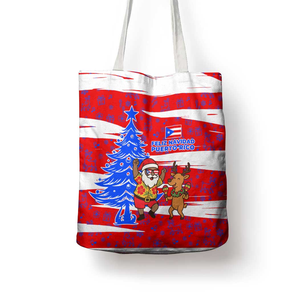 Puerto Rico Christmas Tote Bag with Dancing Santa Reindeer Blue Tree and Festive Flag Design - Wonder Print Shop