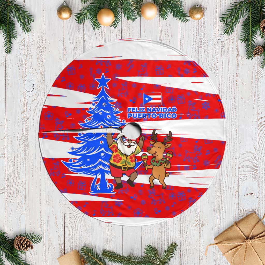 Puerto Rico Christmas Tree Skirt with Dancing Santa Reindeer Blue Tree and Festive Flag Design - Wonder Print Shop