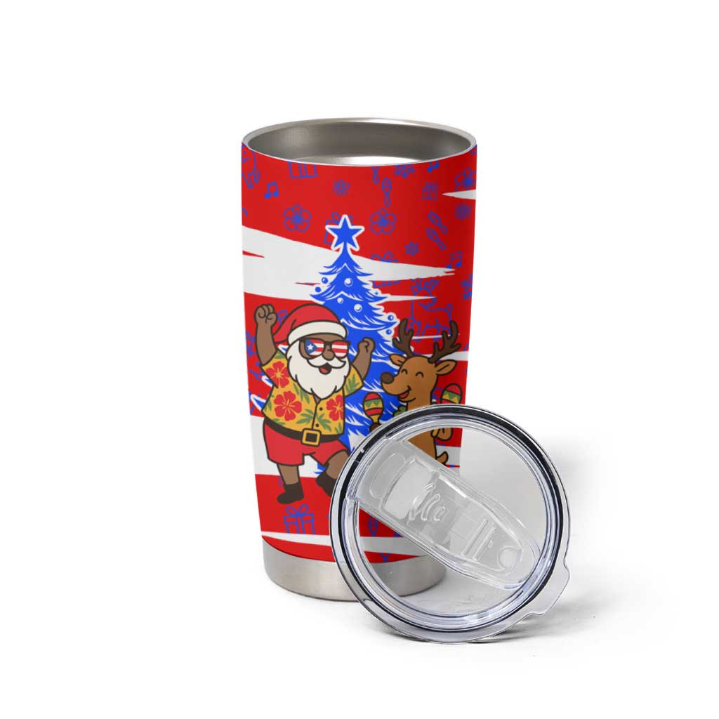 Puerto Rico Christmas Tumbler Cup with Dancing Santa Reindeer Blue Tree and Festive Flag Design - Wonder Print Shop