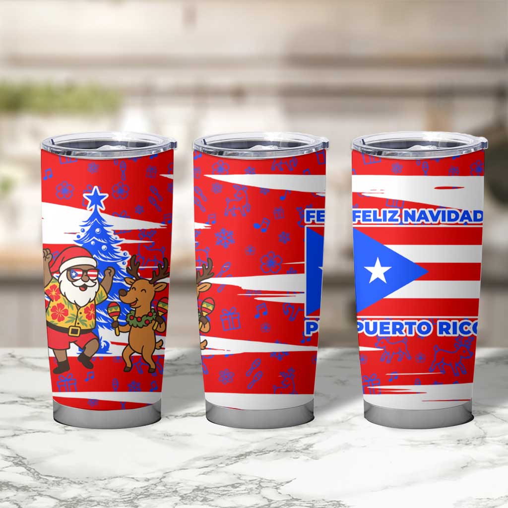 Puerto Rico Christmas Tumbler Cup with Dancing Santa Reindeer Blue Tree and Festive Flag Design - Wonder Print Shop