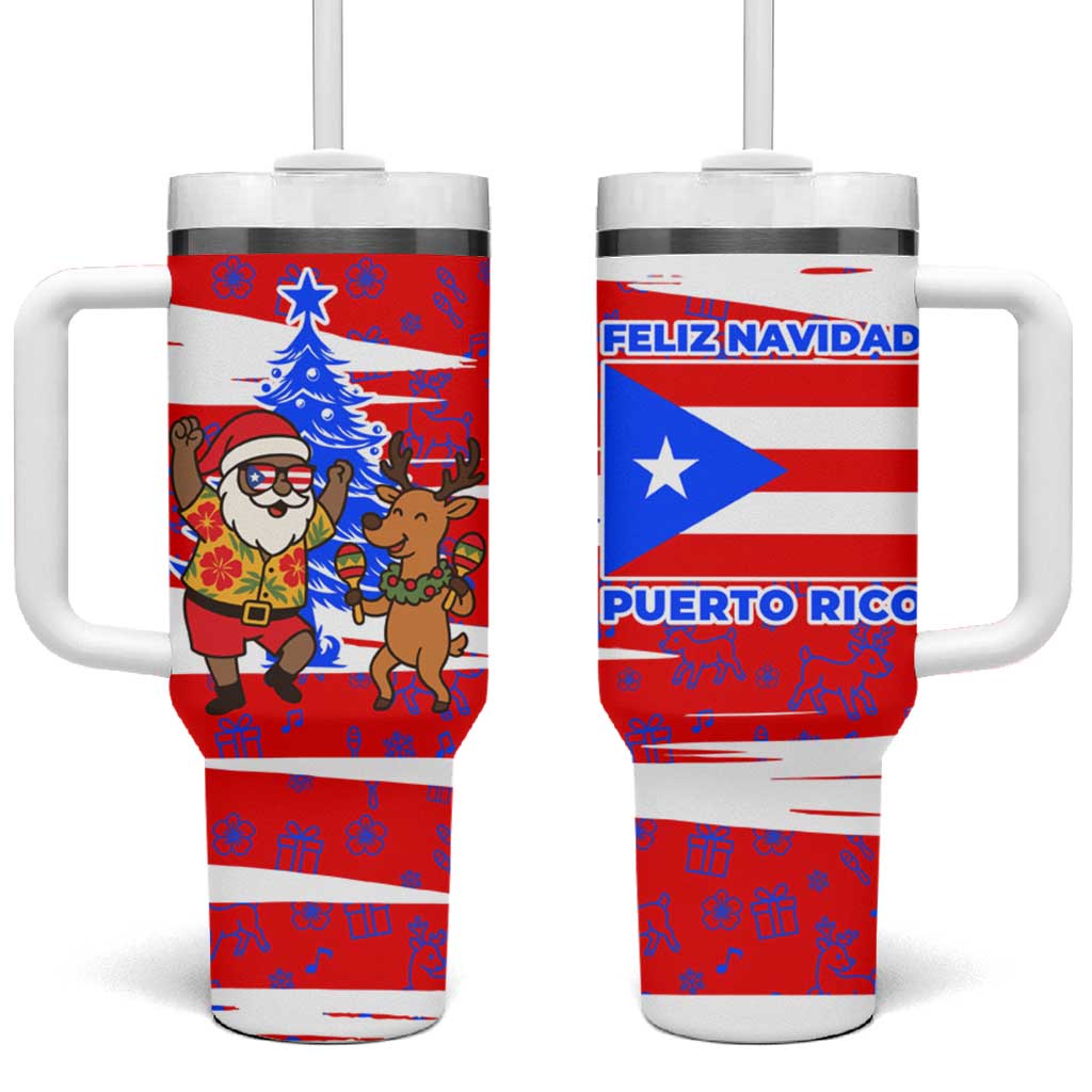 Puerto Rico Christmas Tumbler With Handle with Dancing Santa Reindeer Blue Tree and Festive Flag Design - Wonder Print Shop