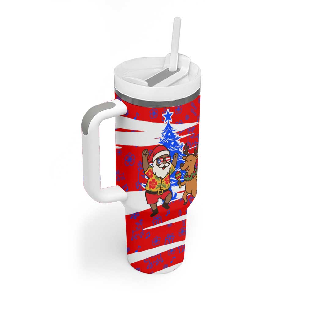 Puerto Rico Christmas Tumbler With Handle with Dancing Santa Reindeer Blue Tree and Festive Flag Design - Wonder Print Shop