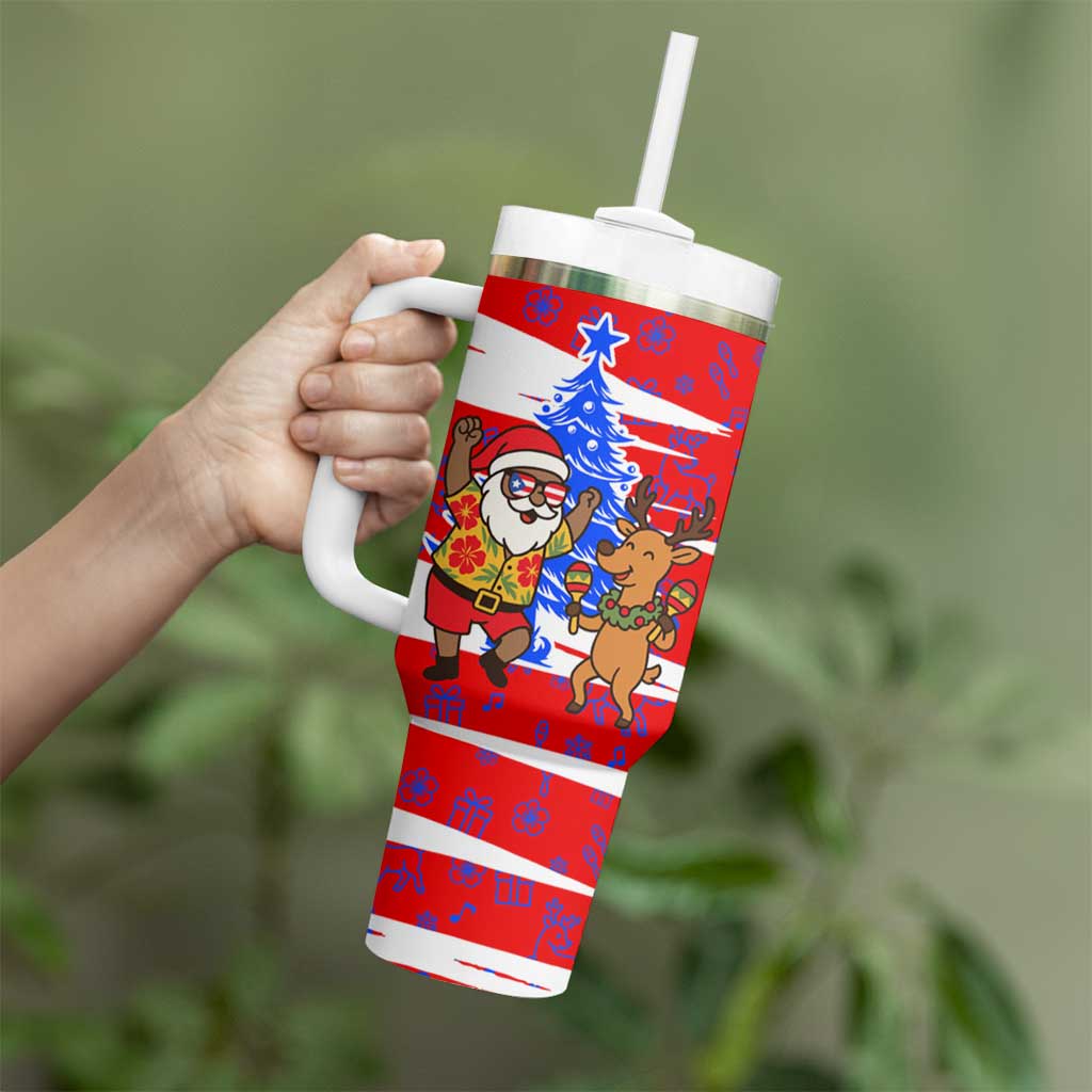 Puerto Rico Christmas Tumbler With Handle with Dancing Santa Reindeer Blue Tree and Festive Flag Design - Wonder Print Shop