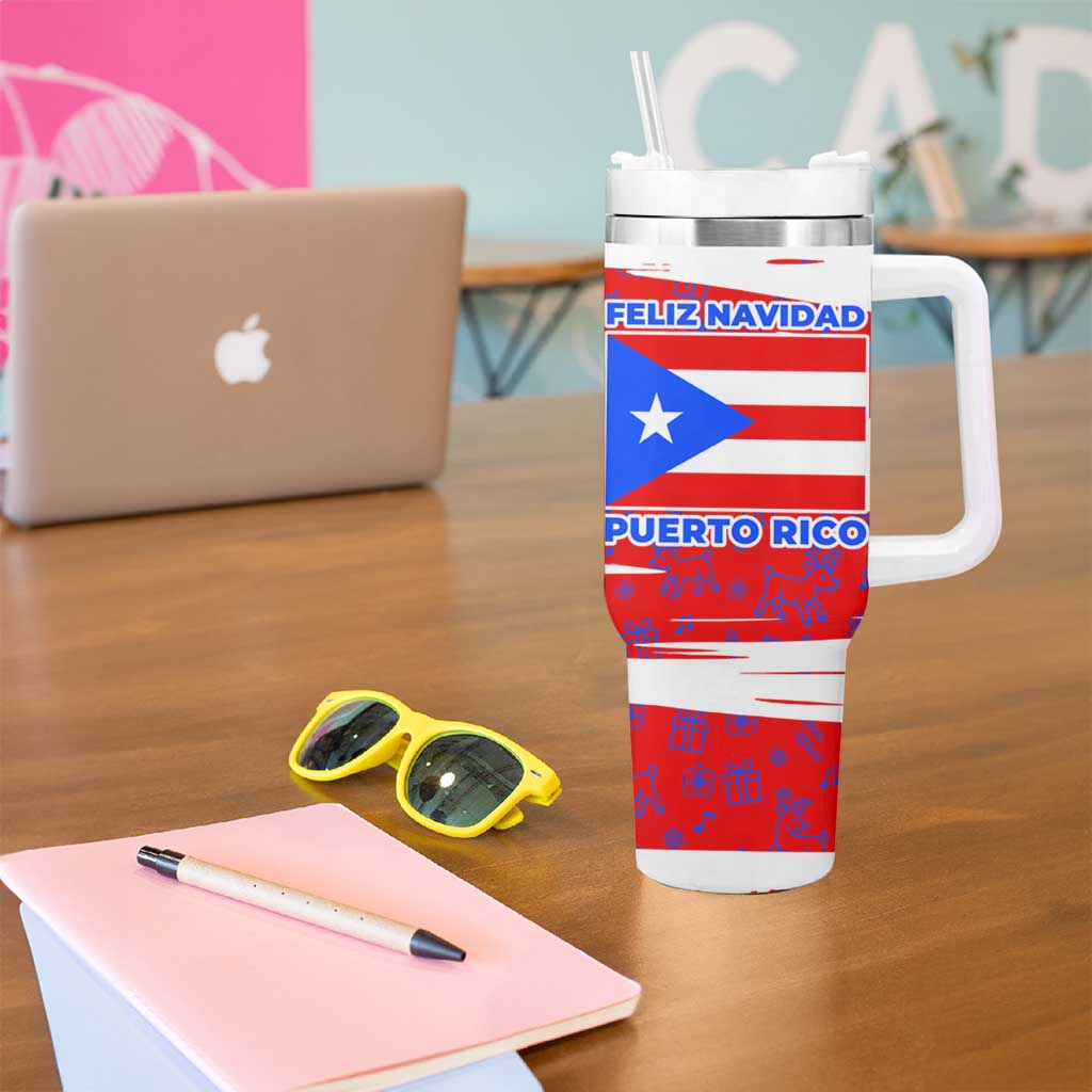 Puerto Rico Christmas Tumbler With Handle with Dancing Santa Reindeer Blue Tree and Festive Flag Design - Wonder Print Shop