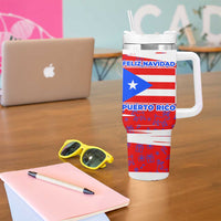 Puerto Rico Christmas Tumbler With Handle with Dancing Santa Reindeer Blue Tree and Festive Flag Design - Wonder Print Shop