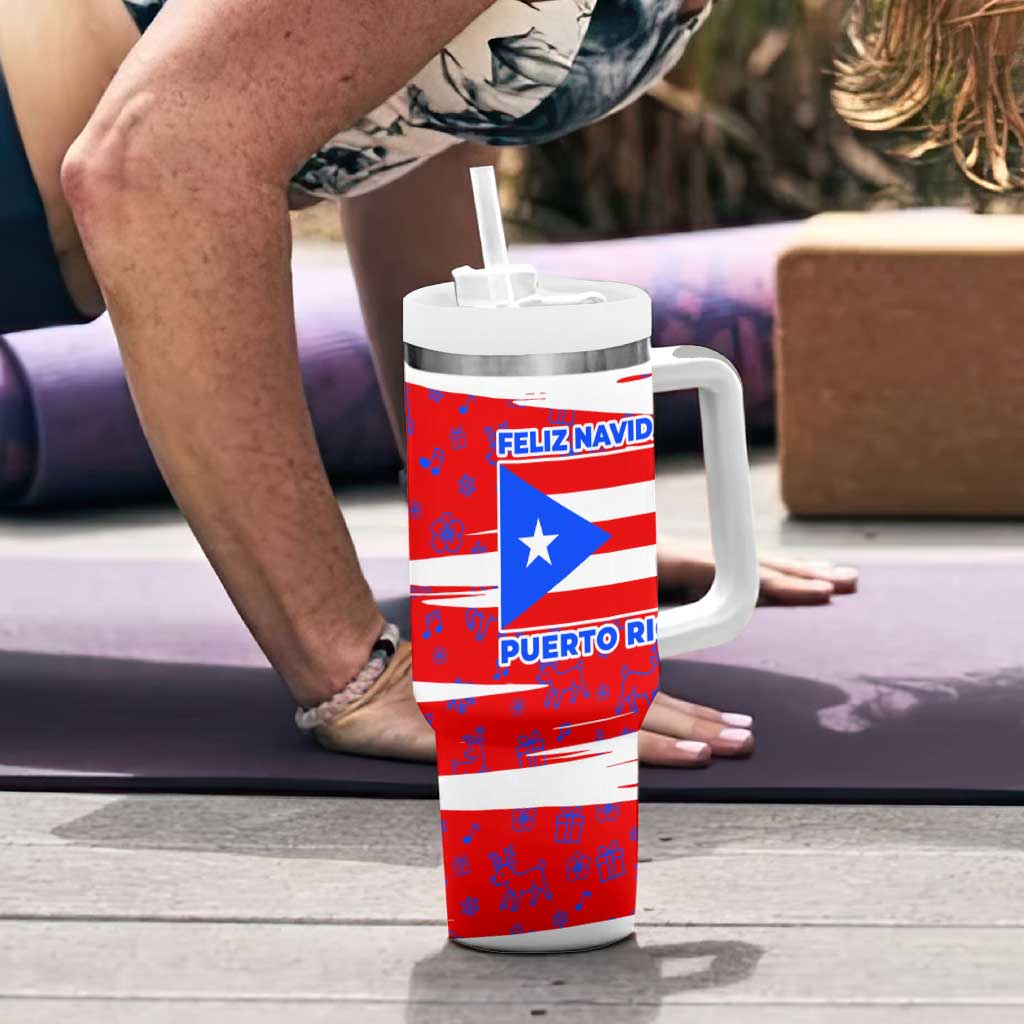 Puerto Rico Christmas Tumbler With Handle with Dancing Santa Reindeer Blue Tree and Festive Flag Design - Wonder Print Shop