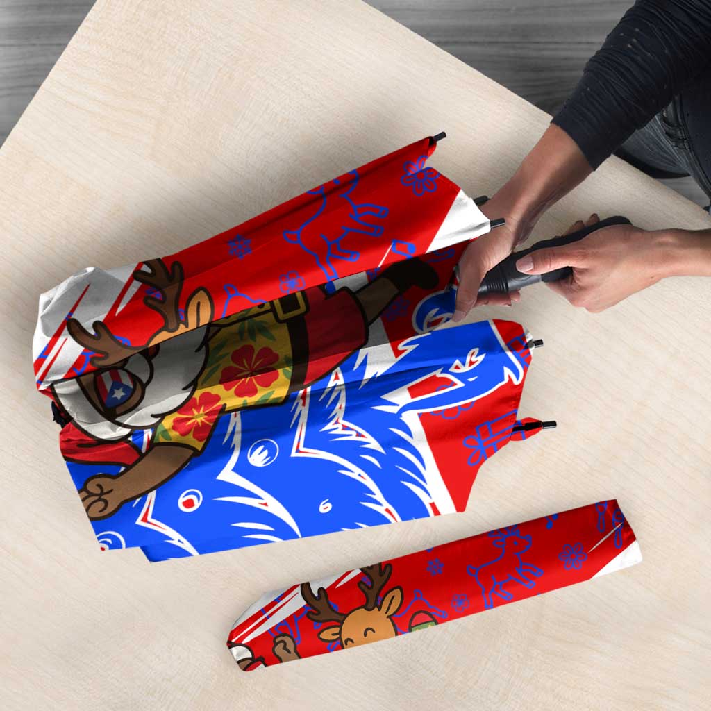 Puerto Rico Christmas Umbrella with Dancing Santa Reindeer Blue Tree and Festive Flag Design - Wonder Print Shop