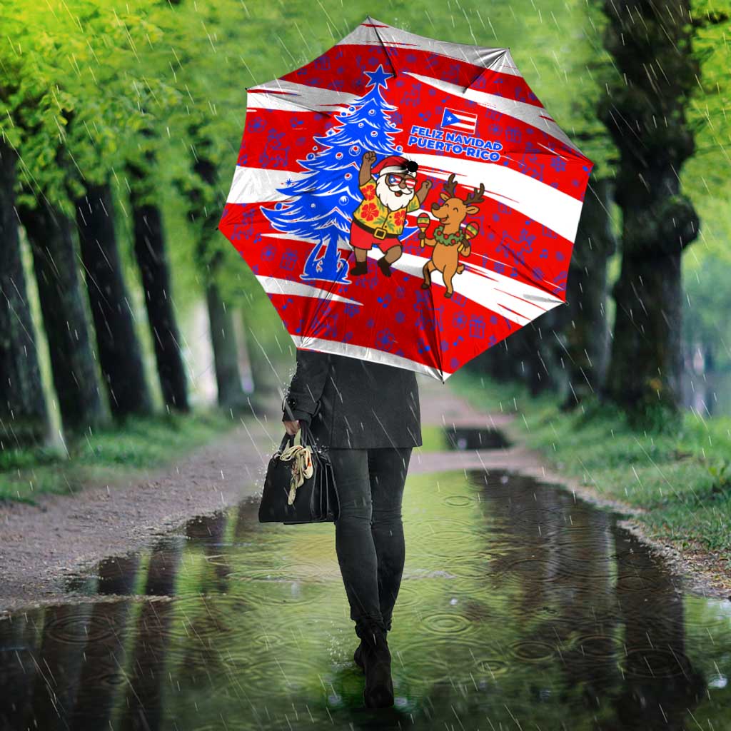 Puerto Rico Christmas Umbrella with Dancing Santa Reindeer Blue Tree and Festive Flag Design - Wonder Print Shop