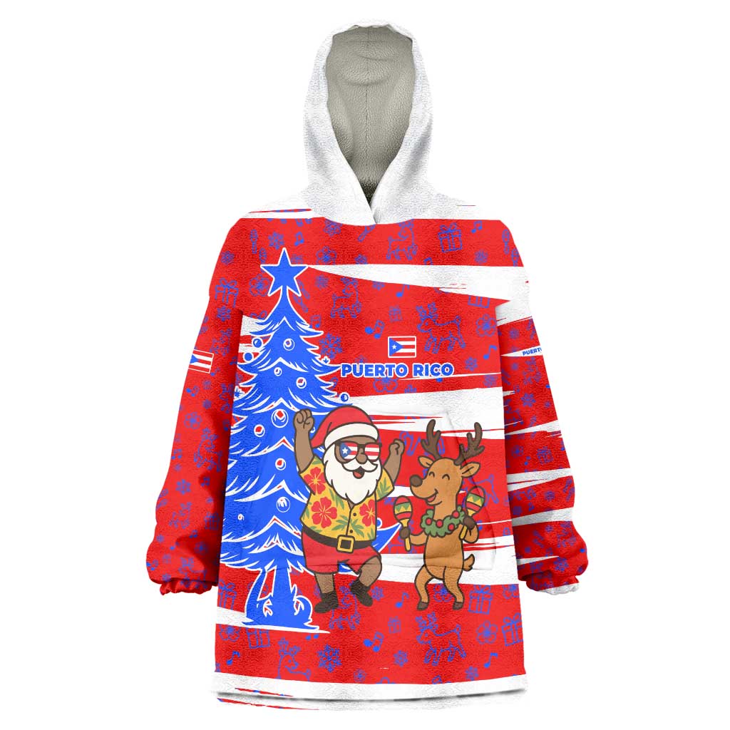 Puerto Rico Christmas Wearable Blanket Hoodie with Dancing Santa Reindeer Blue Tree and Festive Flag Design - Wonder Print Shop