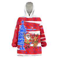 Puerto Rico Christmas Wearable Blanket Hoodie with Dancing Santa Reindeer Blue Tree and Festive Flag Design - Wonder Print Shop