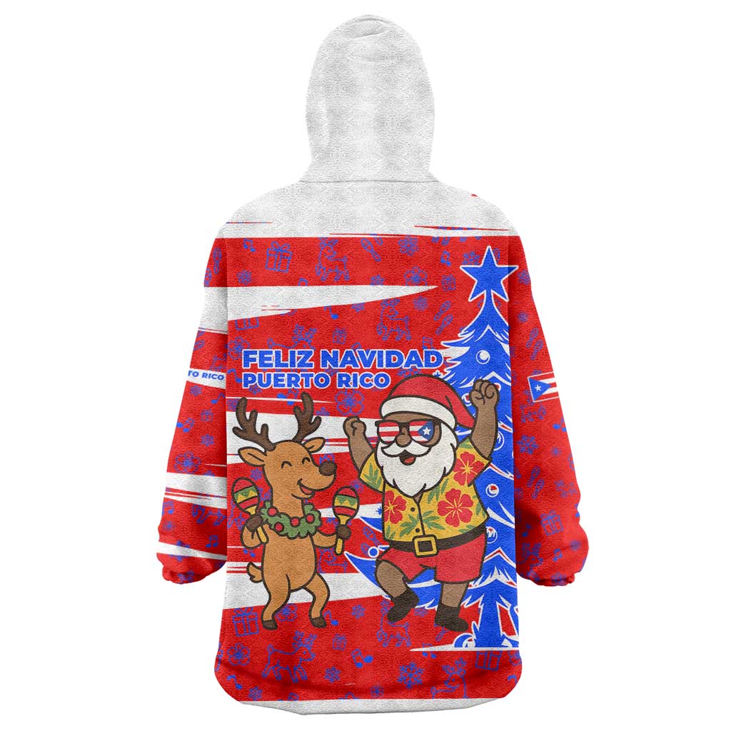 Puerto Rico Christmas Wearable Blanket Hoodie with Dancing Santa Reindeer Blue Tree and Festive Flag Design - Wonder Print Shop