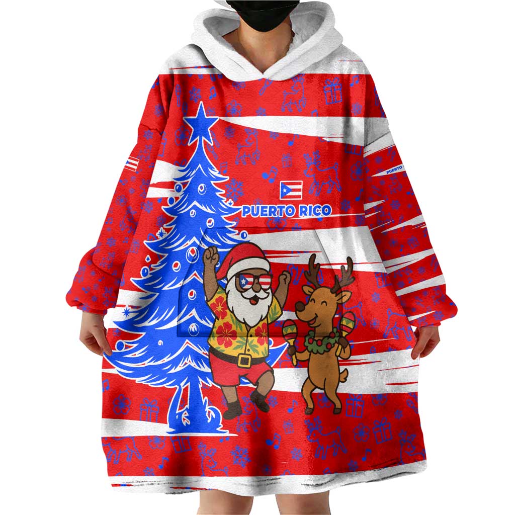 Puerto Rico Christmas Wearable Blanket Hoodie with Dancing Santa Reindeer Blue Tree and Festive Flag Design - Wonder Print Shop