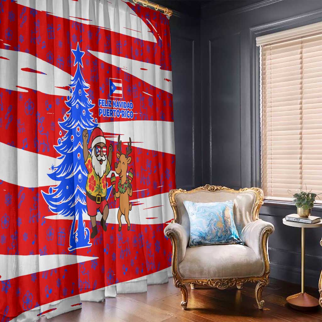 Puerto Rico Christmas Window Curtain with Dancing Santa Reindeer Blue Tree and Festive Flag Design - Wonder Print Shop