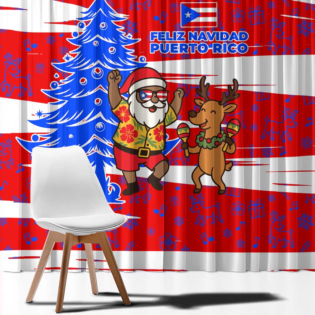 Puerto Rico Christmas Window Curtain with Dancing Santa Reindeer Blue Tree and Festive Flag Design - Wonder Print Shop