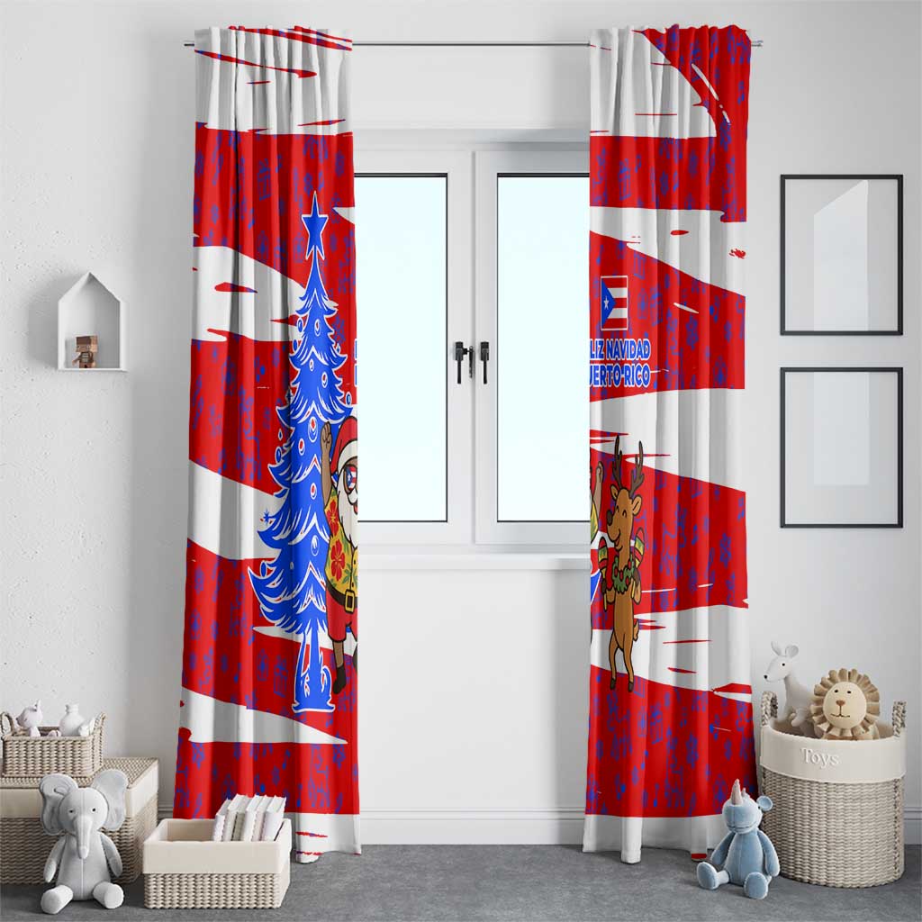 Puerto Rico Christmas Window Curtain with Dancing Santa Reindeer Blue Tree and Festive Flag Design - Wonder Print Shop