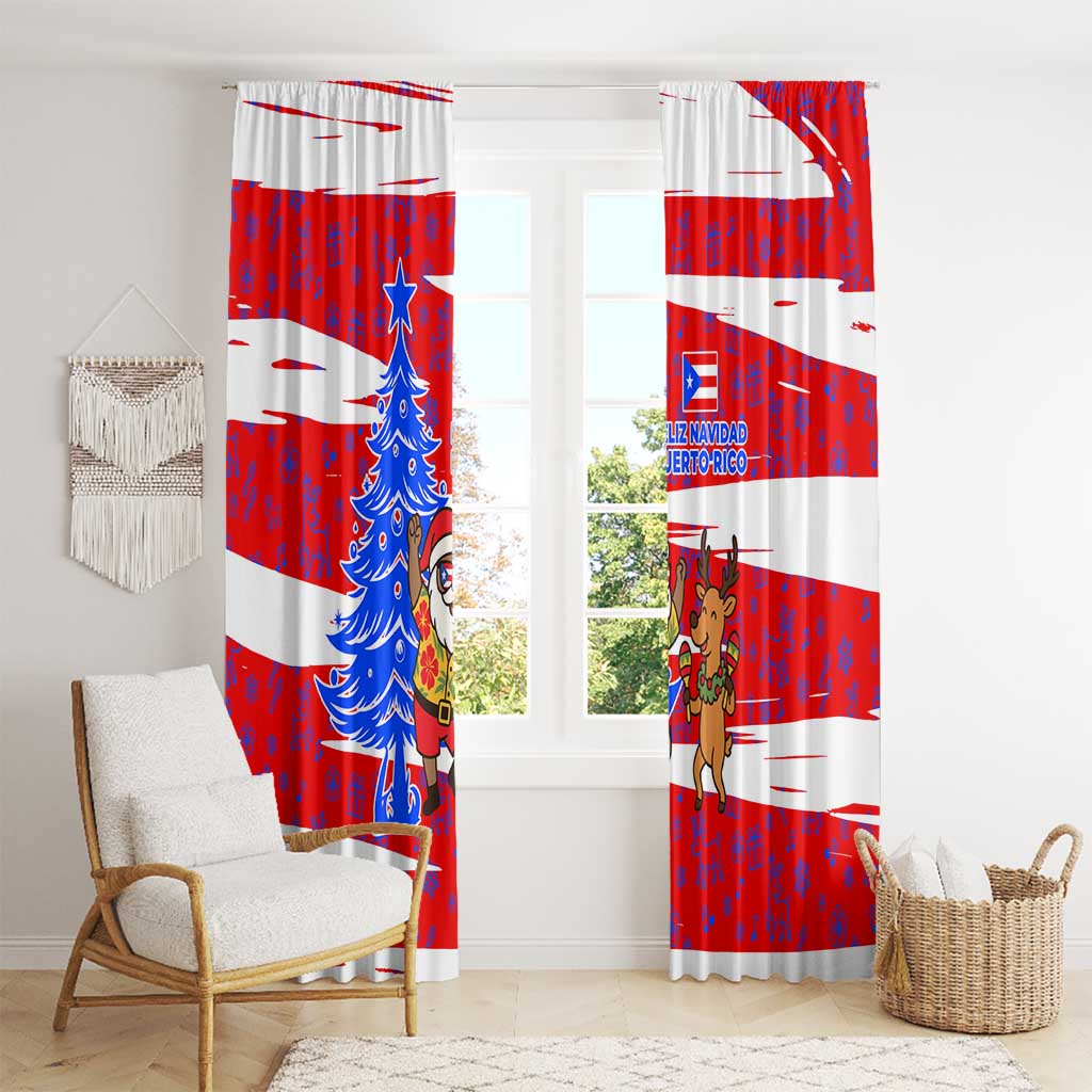 Puerto Rico Christmas Window Curtain with Dancing Santa Reindeer Blue Tree and Festive Flag Design - Wonder Print Shop