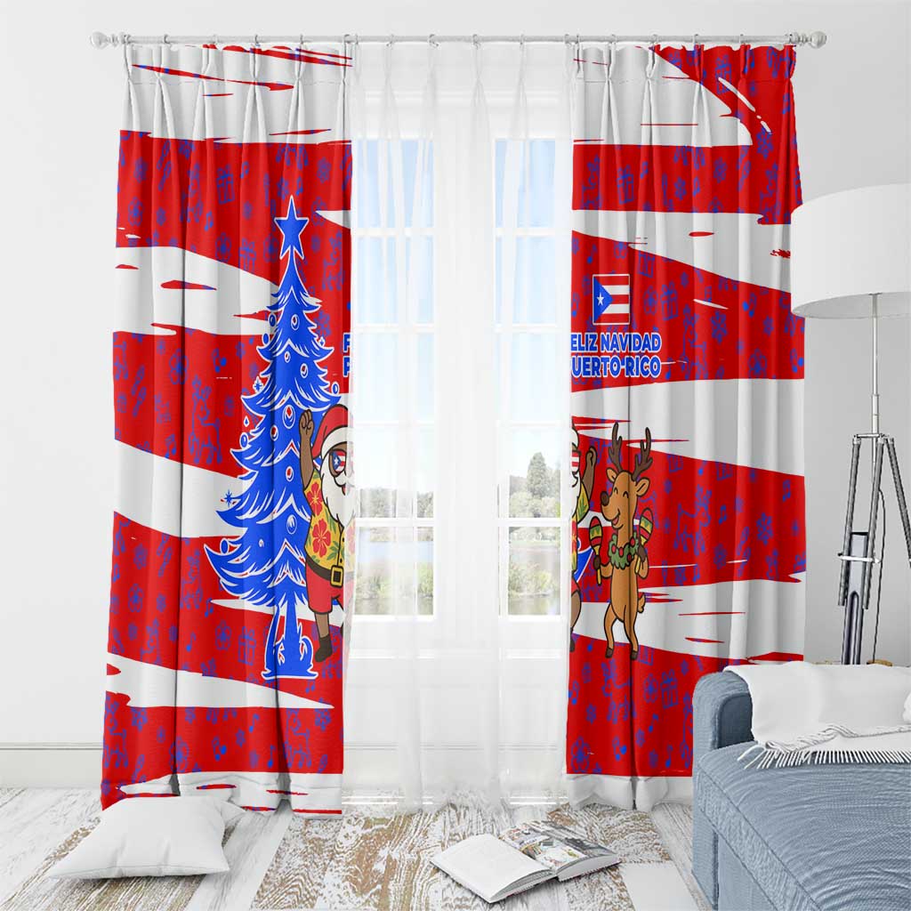 Puerto Rico Christmas Window Curtain with Dancing Santa Reindeer Blue Tree and Festive Flag Design - Wonder Print Shop