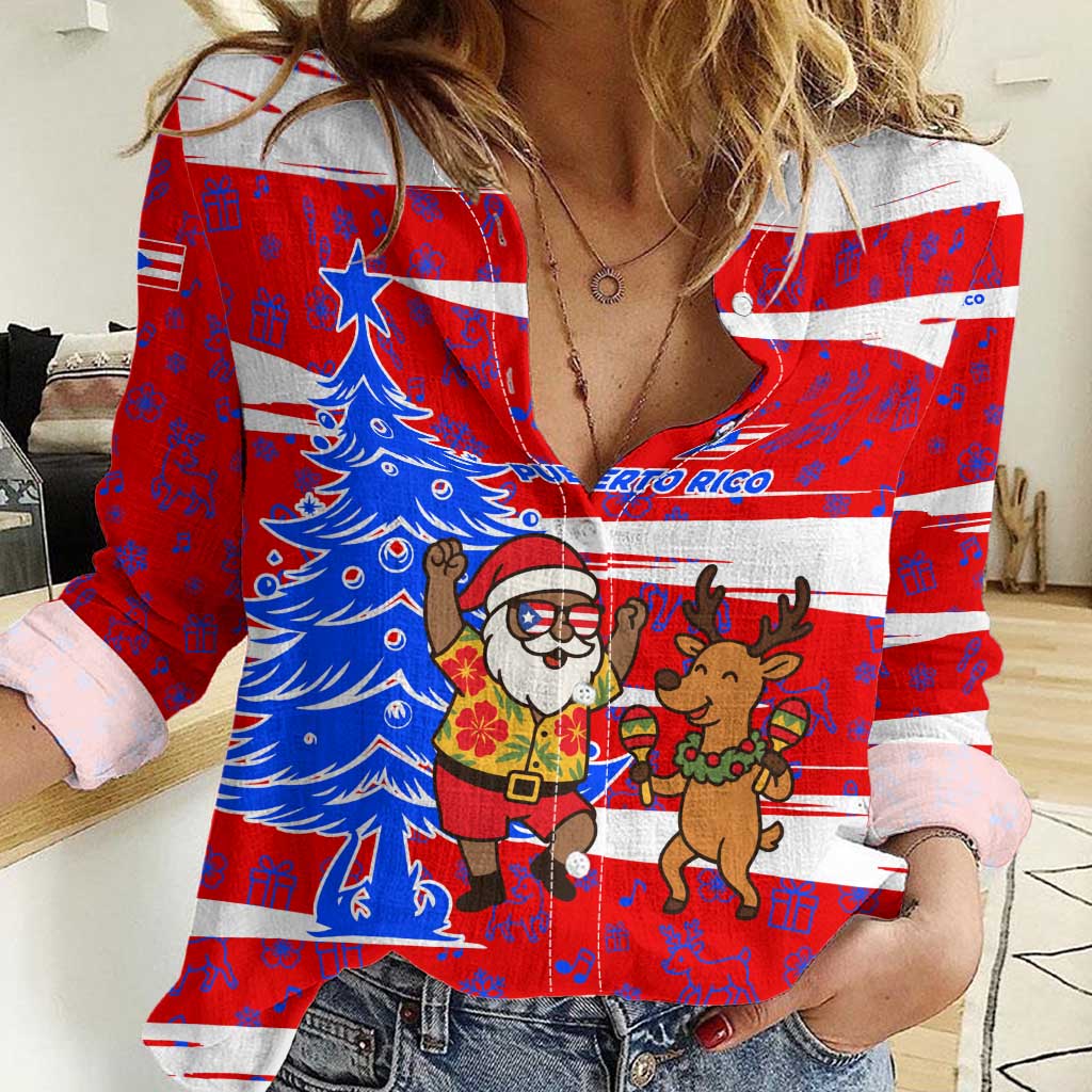 Puerto Rico Christmas Women Casual Shirt with Dancing Santa Reindeer Blue Tree and Festive Flag Design - Wonder Print Shop