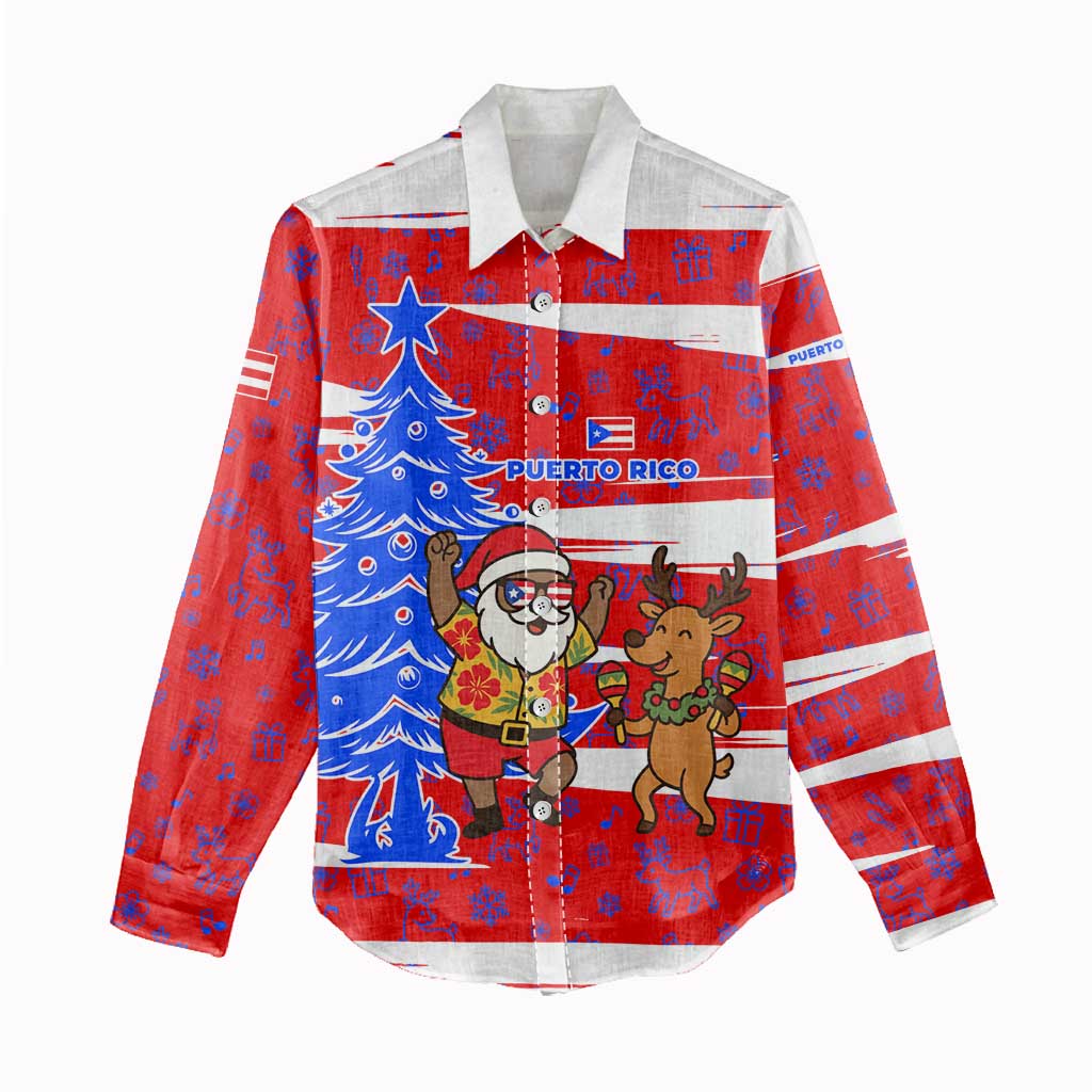 Puerto Rico Christmas Women Casual Shirt with Dancing Santa Reindeer Blue Tree and Festive Flag Design - Wonder Print Shop