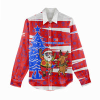 Puerto Rico Christmas Women Casual Shirt with Dancing Santa Reindeer Blue Tree and Festive Flag Design - Wonder Print Shop