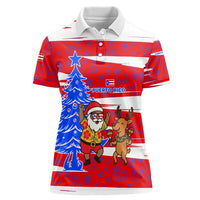 Puerto Rico Christmas Women Polo Shirt with Dancing Santa Reindeer Blue Tree and Festive Flag Design - Wonder Print Shop