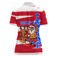 Puerto Rico Christmas Women Polo Shirt with Dancing Santa Reindeer Blue Tree and Festive Flag Design - Wonder Print Shop