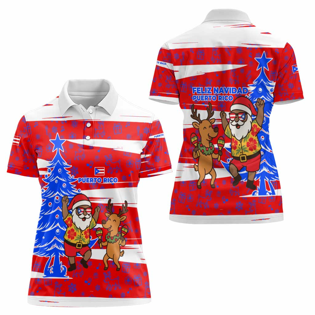Puerto Rico Christmas Women Polo Shirt with Dancing Santa Reindeer Blue Tree and Festive Flag Design - Wonder Print Shop