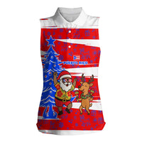 Puerto Rico Christmas Women Sleeveless Polo Shirt with Dancing Santa Reindeer Blue Tree and Festive Flag Design - Wonder Print Shop