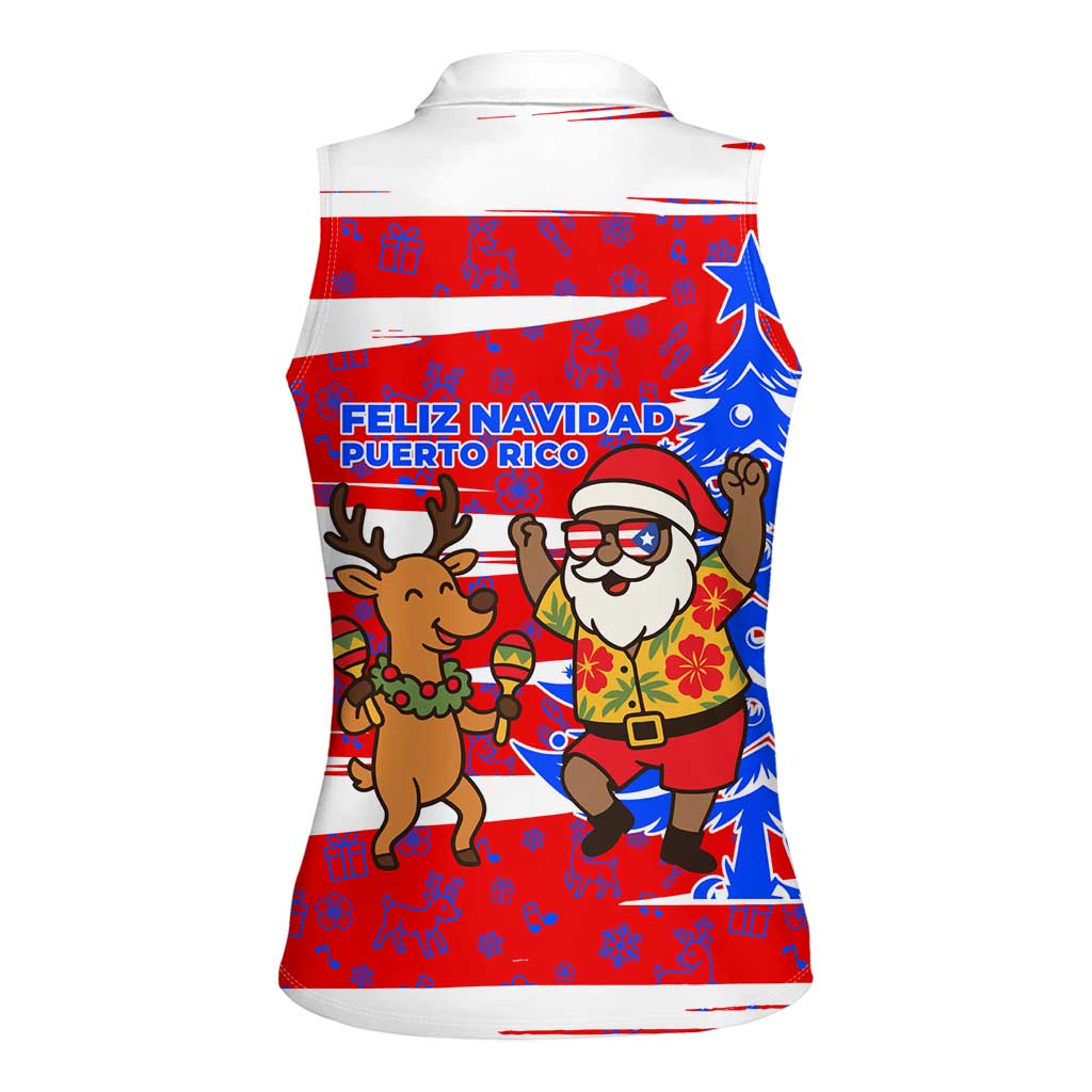 Puerto Rico Christmas Women Sleeveless Polo Shirt with Dancing Santa Reindeer Blue Tree and Festive Flag Design - Wonder Print Shop