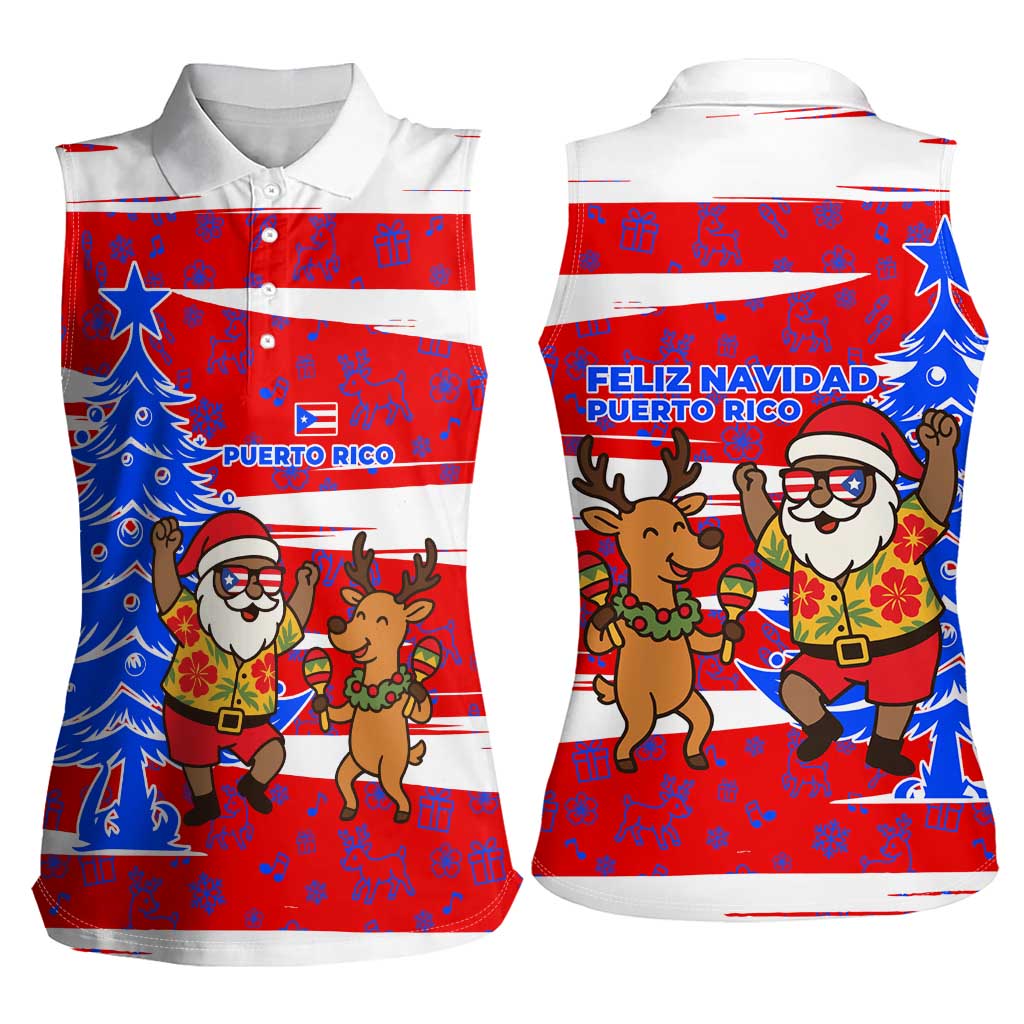 Puerto Rico Christmas Women Sleeveless Polo Shirt with Dancing Santa Reindeer Blue Tree and Festive Flag Design - Wonder Print Shop