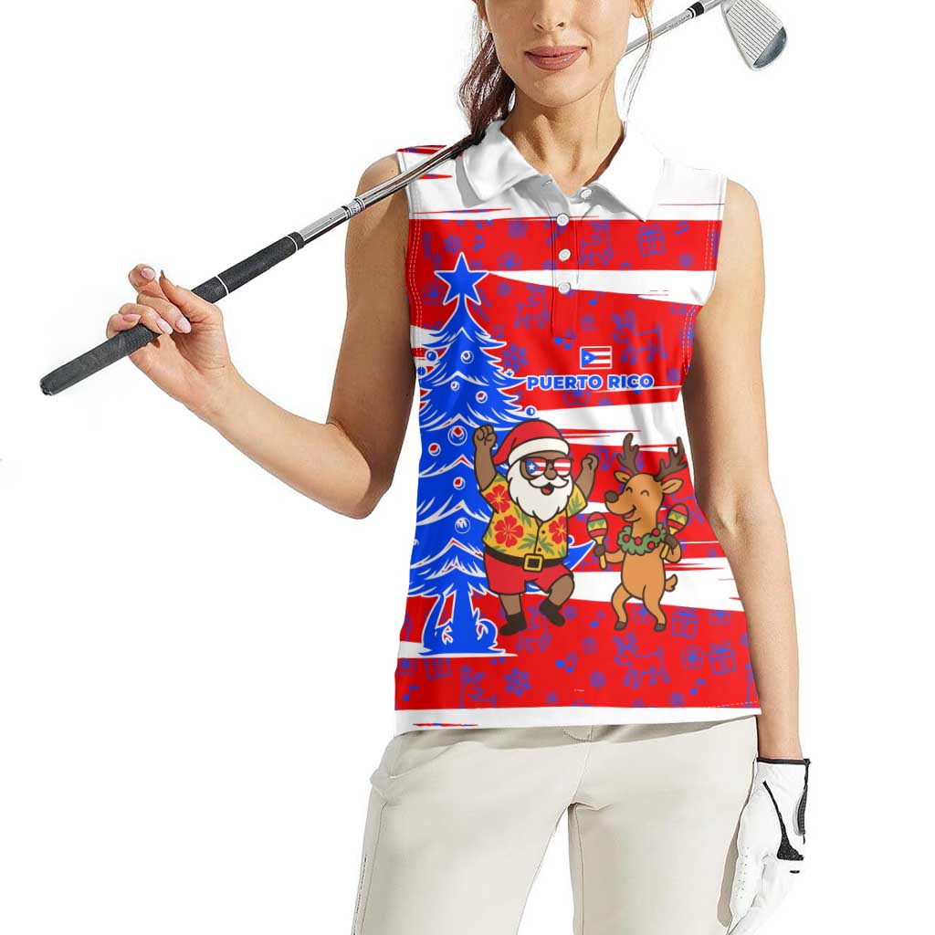 Puerto Rico Christmas Women Sleeveless Polo Shirt with Dancing Santa Reindeer Blue Tree and Festive Flag Design - Wonder Print Shop
