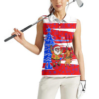 Puerto Rico Christmas Women Sleeveless Polo Shirt with Dancing Santa Reindeer Blue Tree and Festive Flag Design - Wonder Print Shop