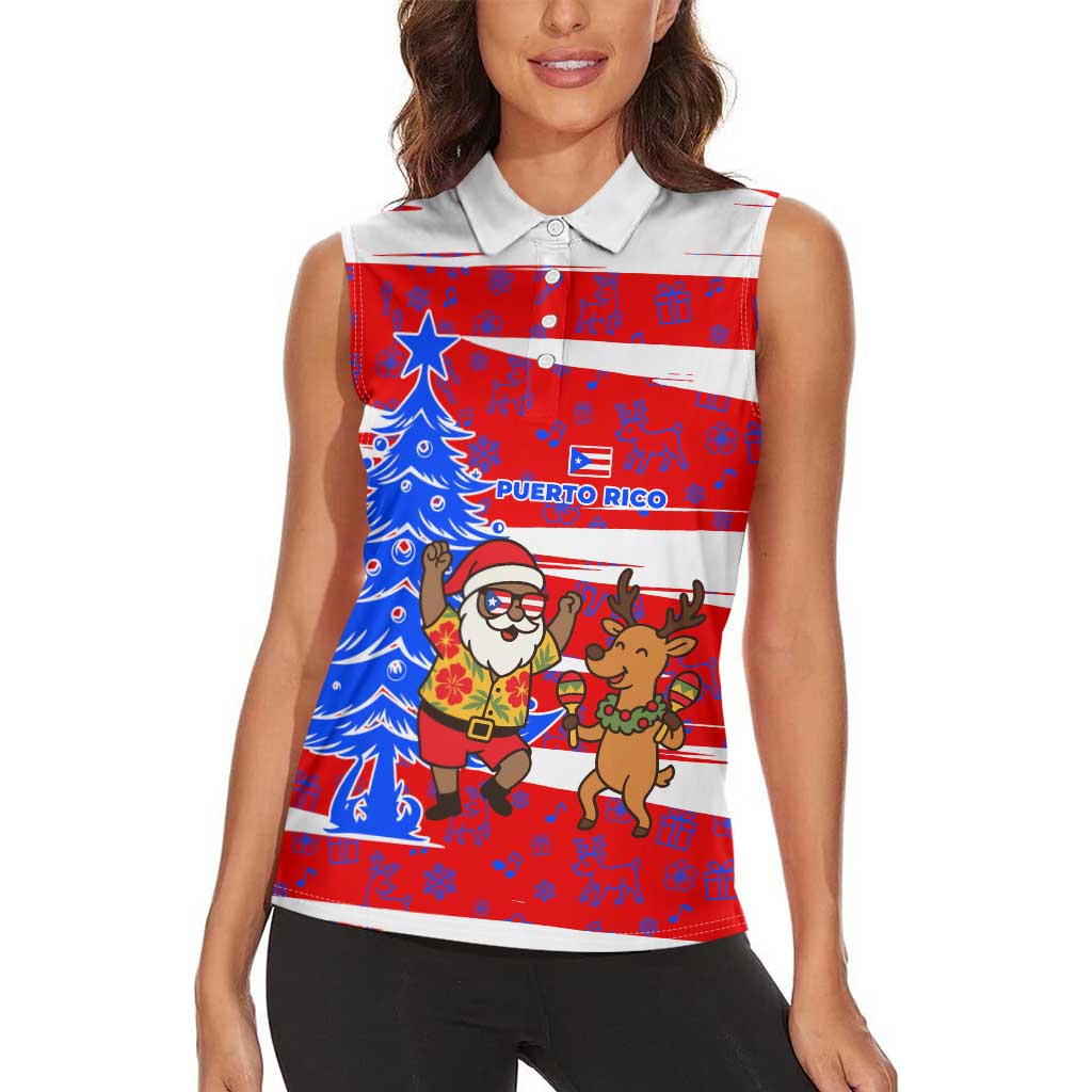 Puerto Rico Christmas Women Sleeveless Polo Shirt with Dancing Santa Reindeer Blue Tree and Festive Flag Design - Wonder Print Shop
