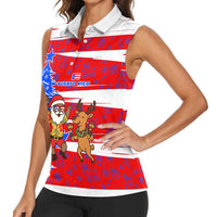 Puerto Rico Christmas Women Sleeveless Polo Shirt with Dancing Santa Reindeer Blue Tree and Festive Flag Design - Wonder Print Shop