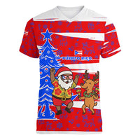 Puerto Rico Christmas Women V-Neck T-Shirt with Dancing Santa Reindeer Blue Tree and Festive Flag Design - Wonder Print Shop