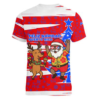 Puerto Rico Christmas Women V-Neck T-Shirt with Dancing Santa Reindeer Blue Tree and Festive Flag Design - Wonder Print Shop