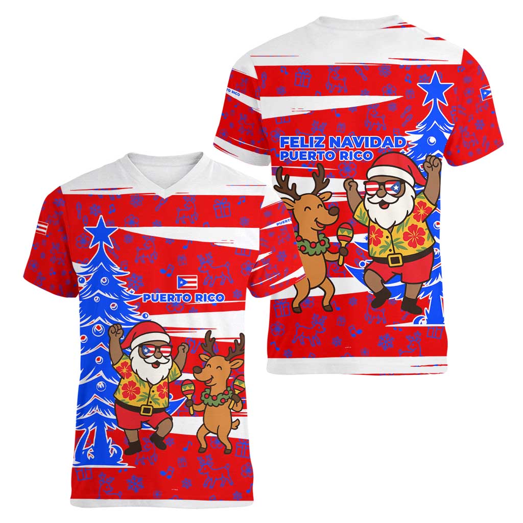 Puerto Rico Christmas Women V-Neck T-Shirt with Dancing Santa Reindeer Blue Tree and Festive Flag Design - Wonder Print Shop