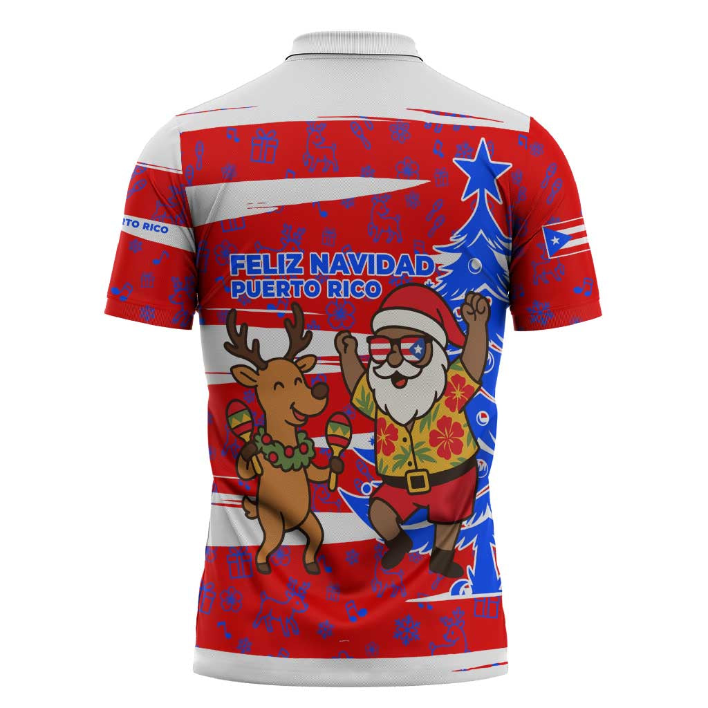Puerto Rico Christmas Zipper Polo Shirt with Dancing Santa Reindeer Blue Tree and Festive Flag Design - Wonder Print Shop