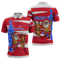 Puerto Rico Christmas Zipper Polo Shirt with Dancing Santa Reindeer Blue Tree and Festive Flag Design - Wonder Print Shop