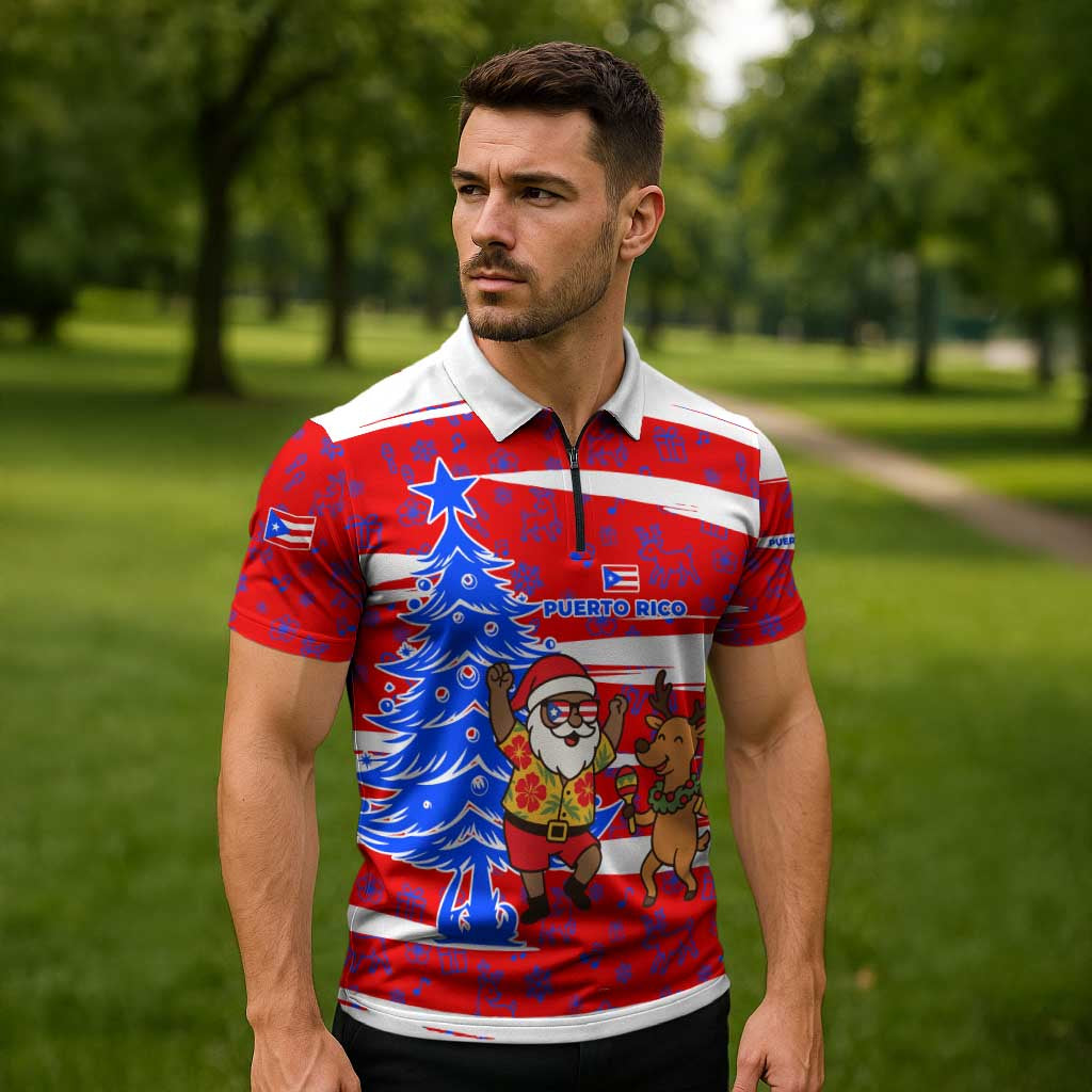 Puerto Rico Christmas Zipper Polo Shirt with Dancing Santa Reindeer Blue Tree and Festive Flag Design - Wonder Print Shop