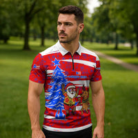 Puerto Rico Christmas Zipper Polo Shirt with Dancing Santa Reindeer Blue Tree and Festive Flag Design - Wonder Print Shop