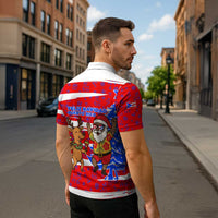 Puerto Rico Christmas Zipper Polo Shirt with Dancing Santa Reindeer Blue Tree and Festive Flag Design - Wonder Print Shop
