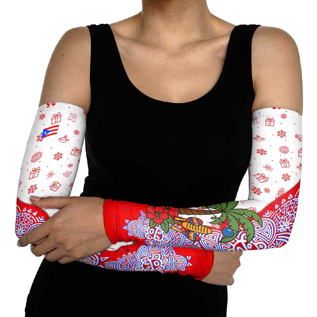 Puerto Rico Christmas Arm Sleeves with Taino Symbols Palm Tree Bongos and Holiday Pattern Design - Wonder Print Shop