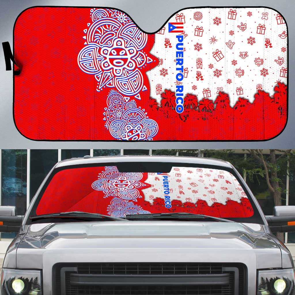 Puerto Rico Christmas Auto Sun Shade with Taino Symbols Palm Tree Bongos and Holiday Pattern Design - Wonder Print Shop