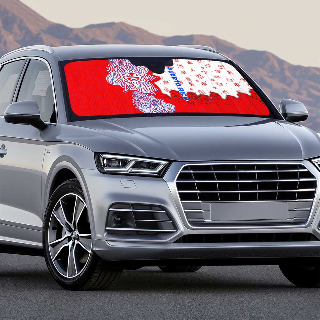 Puerto Rico Christmas Auto Sun Shade with Taino Symbols Palm Tree Bongos and Holiday Pattern Design - Wonder Print Shop