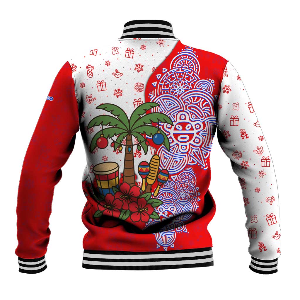 Puerto Rico Christmas Baseball Jacket with Taino Symbols Palm Tree Bongos and Holiday Pattern Design - Wonder Print Shop