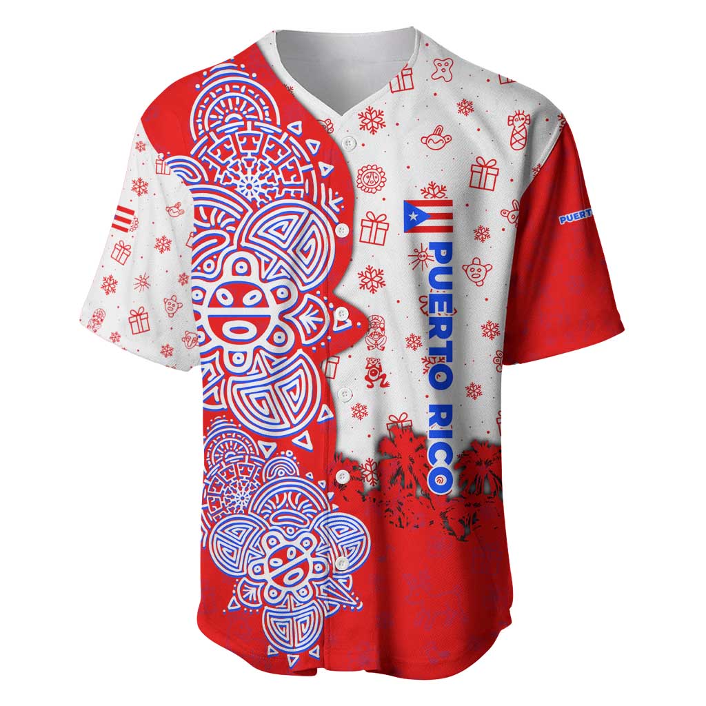 Puerto Rico Christmas Baseball Jersey with Taino Symbols Palm Tree Bongos and Holiday Pattern Design - Wonder Print Shop