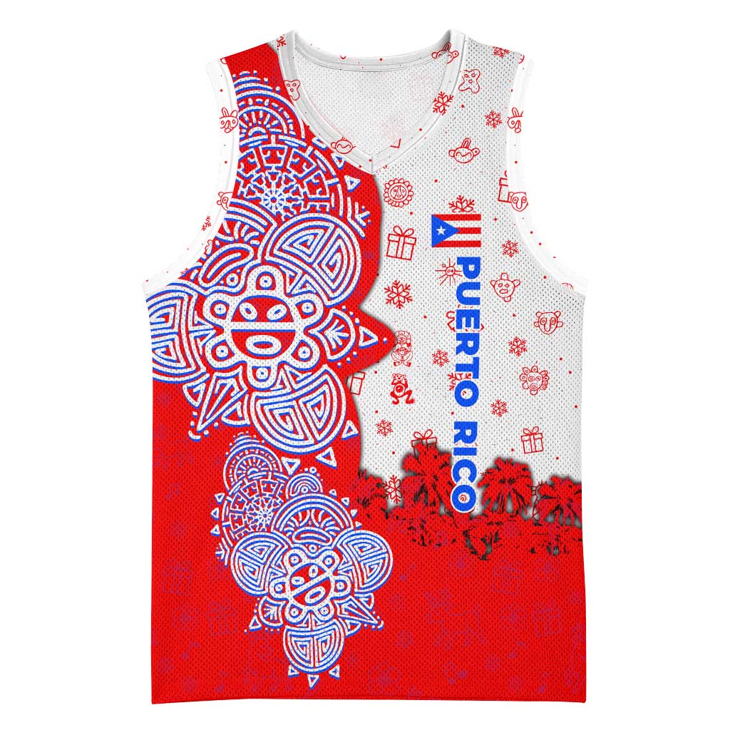 Puerto Rico Christmas Basketball Jersey with Taino Symbols Palm Tree Bongos and Holiday Pattern Design - Wonder Print Shop