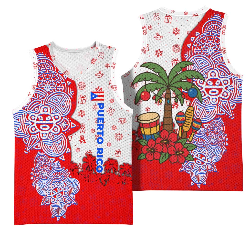 Puerto Rico Christmas Basketball Jersey with Taino Symbols Palm Tree Bongos and Holiday Pattern Design - Wonder Print Shop